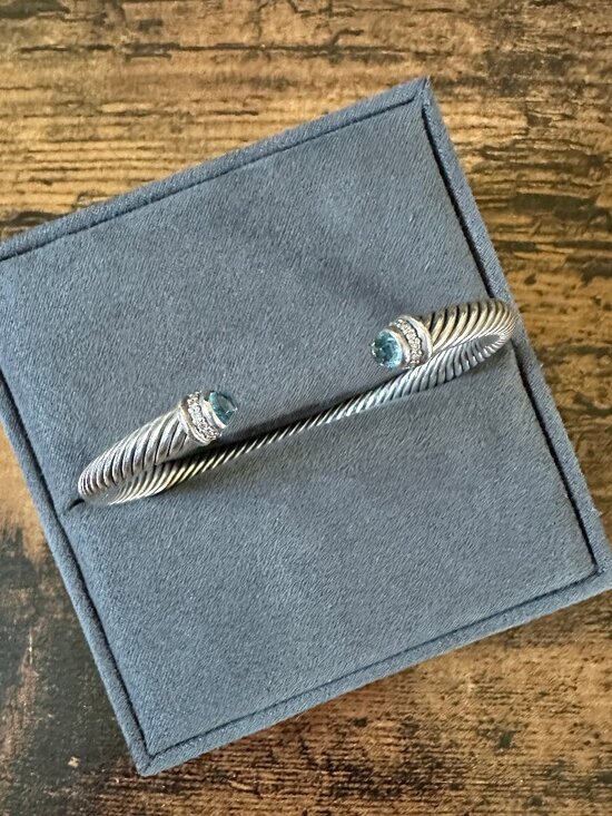 David Yurman Jewelry - David Yurman Cable Cuff Bracelet w/ Blue Topaz & White Diamonds - 5 mm - Sz Med